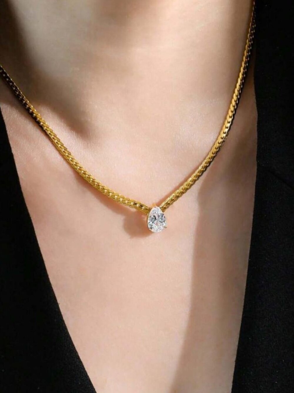 14k Gold Plated Choker Necklace with Sparkling Gemstone Pendant Stainless Steel